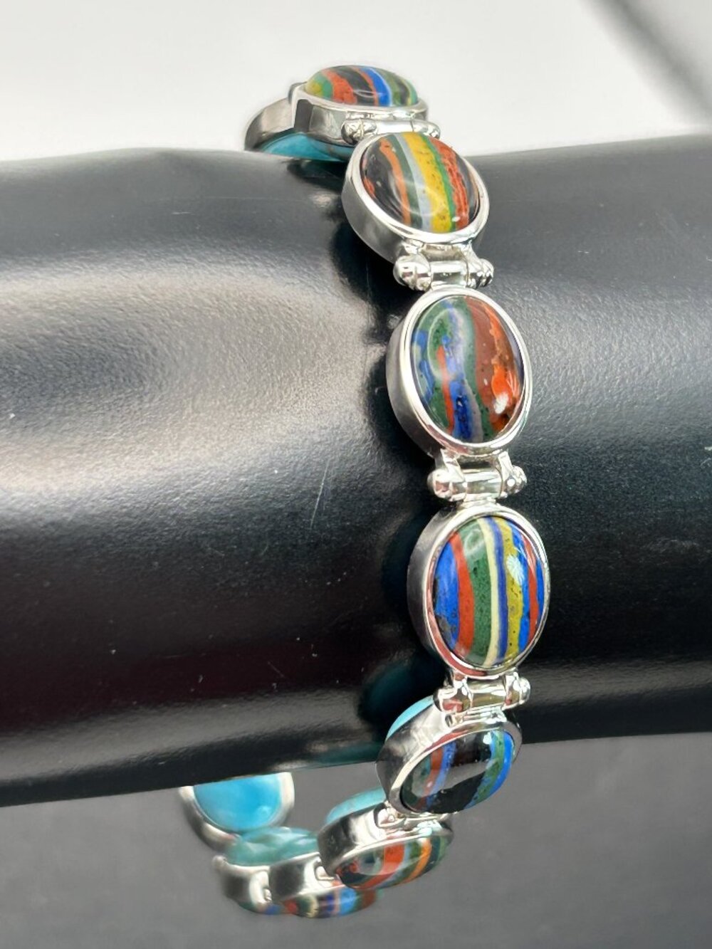 Jay King DTR 925 Sterling Reversible Rainbow Calsilica Turquoise Bracelet 6.5”